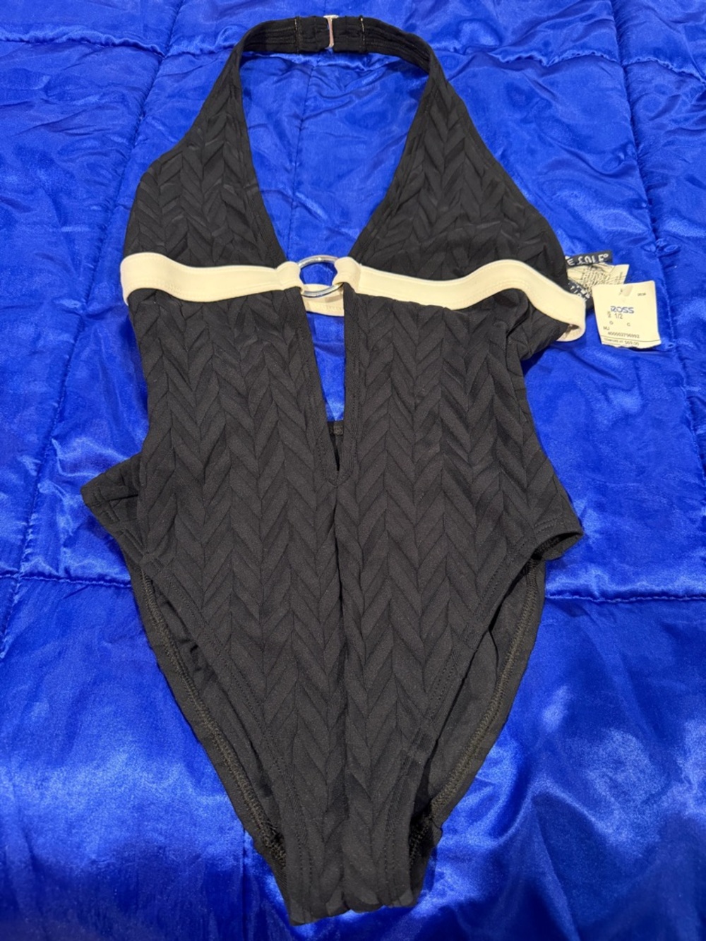 Black One-Piece Halter Swimsuit with Cream Band